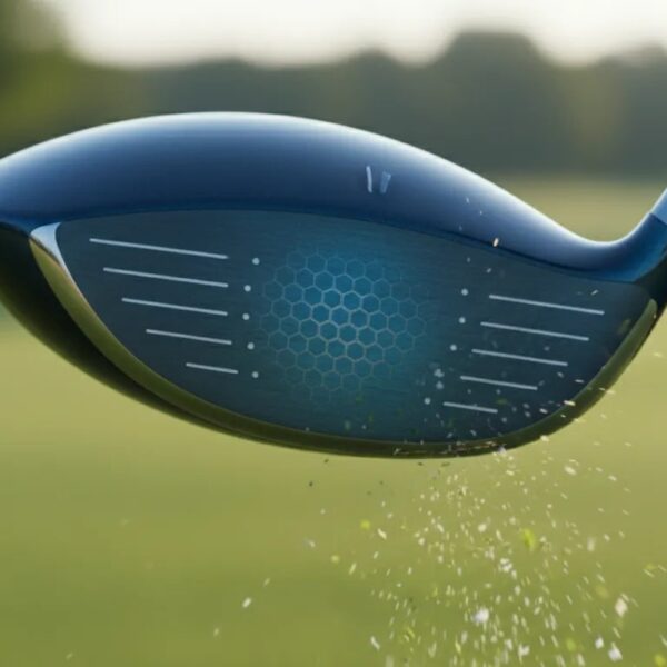 Nahaufnahme eines Golf-Drivers beim Treffmoment: dunkle bläuliche Krone, leuchtend blaue Schlagfläche mit sichtbarer Nano-Alloy-Struktur und komprimiertem Ball