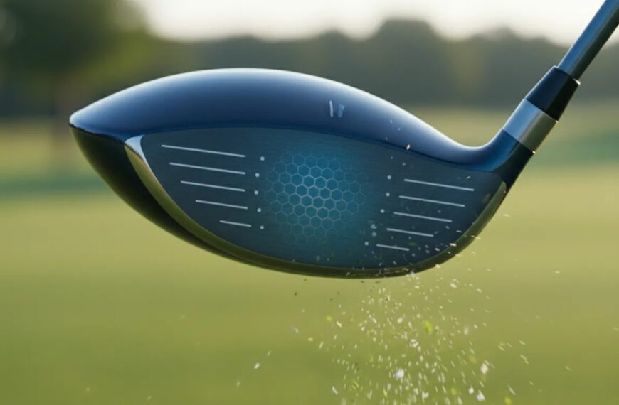 Nahaufnahme eines Golf-Drivers beim Treffmoment: dunkle bläuliche Krone, leuchtend blaue Schlagfläche mit sichtbarer Nano-Alloy-Struktur und komprimiertem Ball