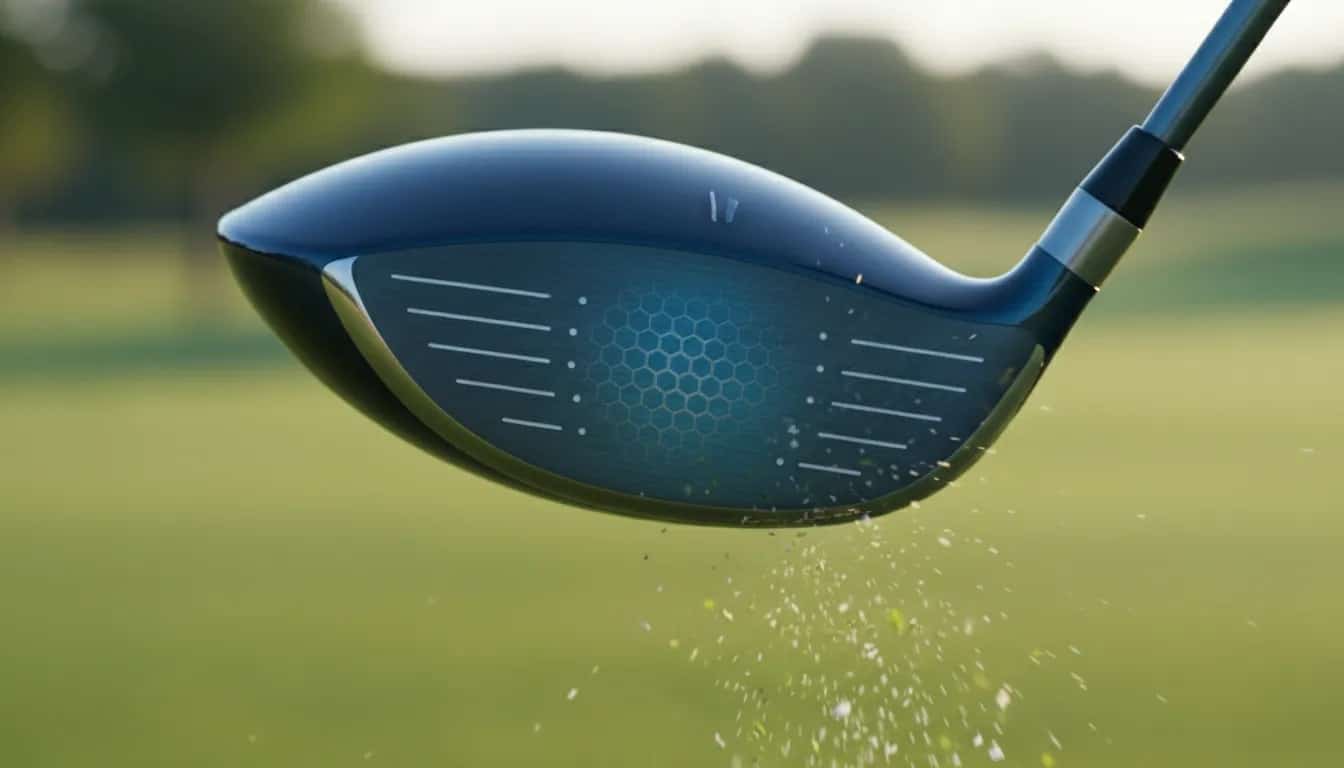 Nahaufnahme eines Golf-Drivers beim Treffmoment: dunkle bläuliche Krone, leuchtend blaue Schlagfläche mit sichtbarer Nano-Alloy-Struktur und komprimiertem Ball