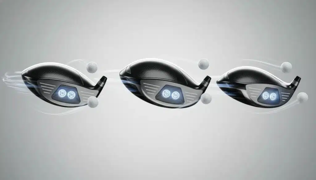 TaylorMade Qi4D: Die neuen 2026-Driver im großen Test 1 Drei futuristische Golfdriver-Köpfe (Standard, großvolumig, kompakt) mit Carbon- und Metalloberflächen und vier leuchtenden Kernbereichen, dynamische Beleuchtung