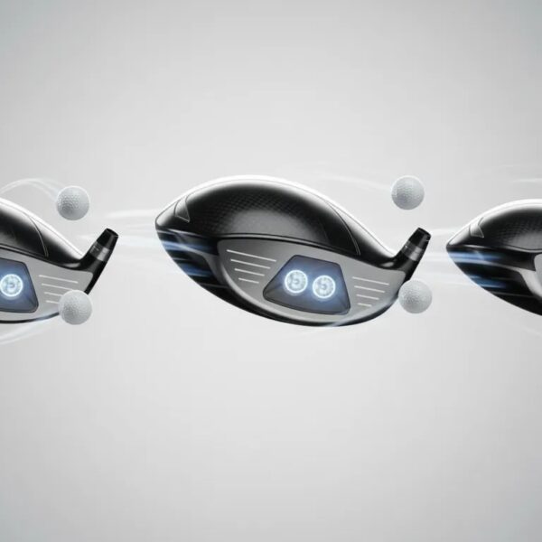 Drei futuristische Golfdriver-Köpfe (Standard, großvolumig, kompakt) mit Carbon- und Metalloberflächen und vier leuchtenden Kernbereichen, dynamische Beleuchtung