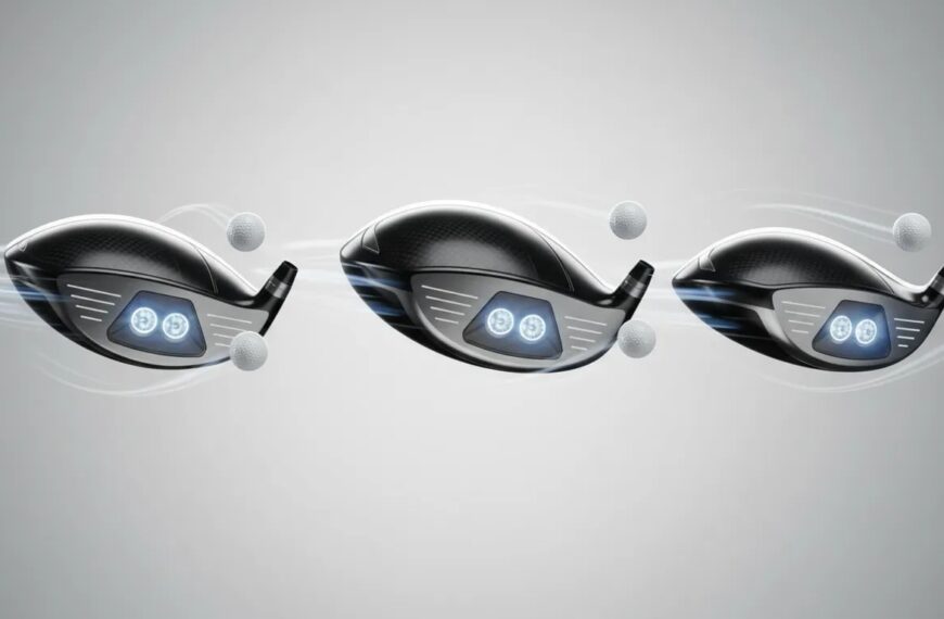 Drei futuristische Golfdriver-Köpfe (Standard, großvolumig, kompakt) mit Carbon- und Metalloberflächen und vier leuchtenden Kernbereichen, dynamische Beleuchtung