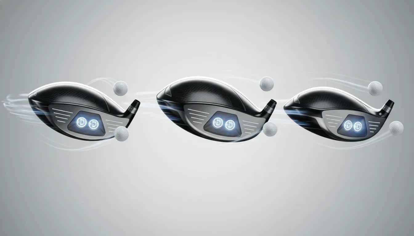 Drei futuristische Golfdriver-Köpfe (Standard, großvolumig, kompakt) mit Carbon- und Metalloberflächen und vier leuchtenden Kernbereichen, dynamische Beleuchtung