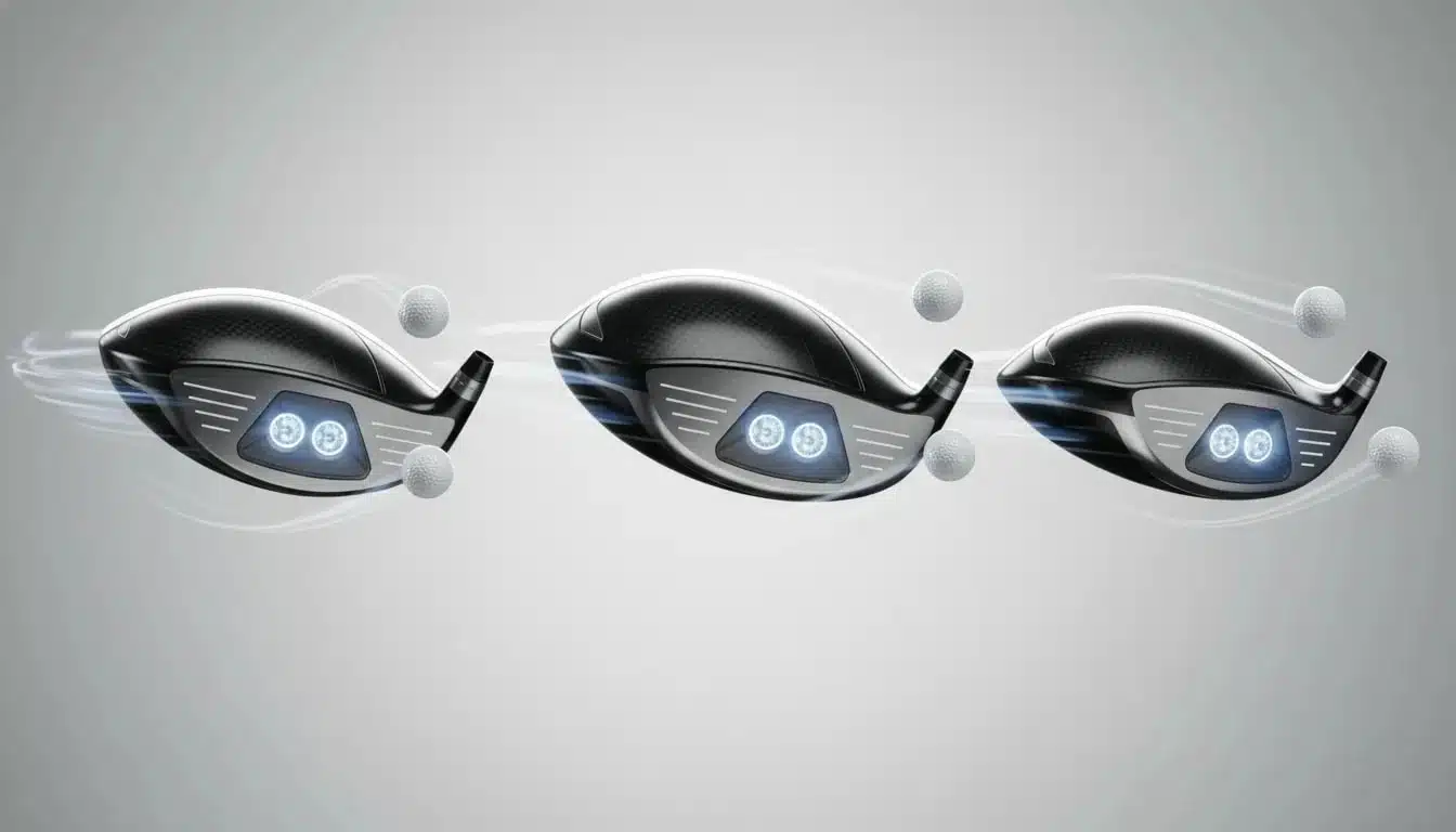 Drei futuristische Golfdriver-Köpfe (Standard, großvolumig, kompakt) mit Carbon- und Metalloberflächen und vier leuchtenden Kernbereichen, dynamische Beleuchtung