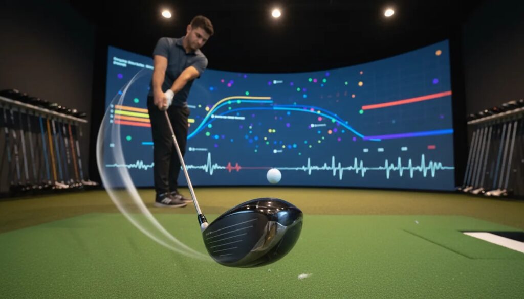Golf Driver Test 2026: Golfer im modernen Indoor-Fitting-Studio schwingt einen Driver, Ball in der Luft, Launch-Monitor mit abstrakten Datenvisualisierungen