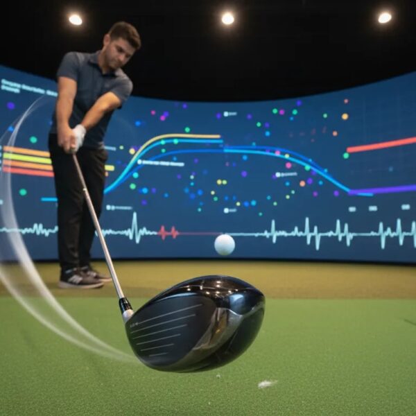 Golf Driver Test 2026: Golfer im modernen Indoor-Fitting-Studio schwingt einen Driver, Ball in der Luft, Launch-Monitor mit abstrakten Datenvisualisierungen