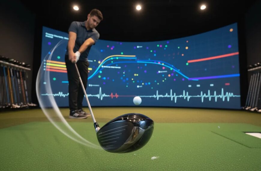 Golf Driver Test 2026: Golfer im modernen Indoor-Fitting-Studio schwingt einen Driver, Ball in der Luft, Launch-Monitor mit abstrakten Datenvisualisierungen