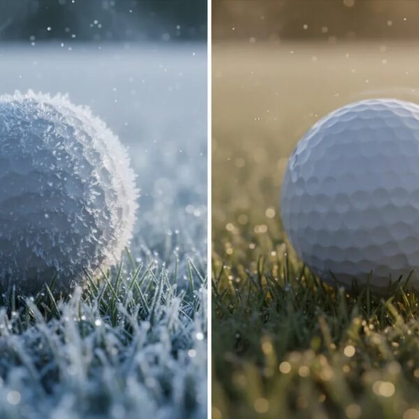 Split-Nahaufnahme eines Golfballs: links gefroren mit Reif und dichter kalter Luft, rechts warm und komprimiert in Sonnenschein ,  zeigt wie Kälte Härte und Distanz beeinflusst
