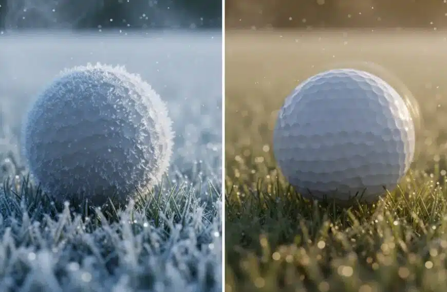 Split‑Nahaufnahme eines Golfballs: links gefroren mit Reif und dichter kalter Luft, rechts warm und komprimiert in Sonnenschein – zeigt wie Kälte Härte und Distanz beeinflusst