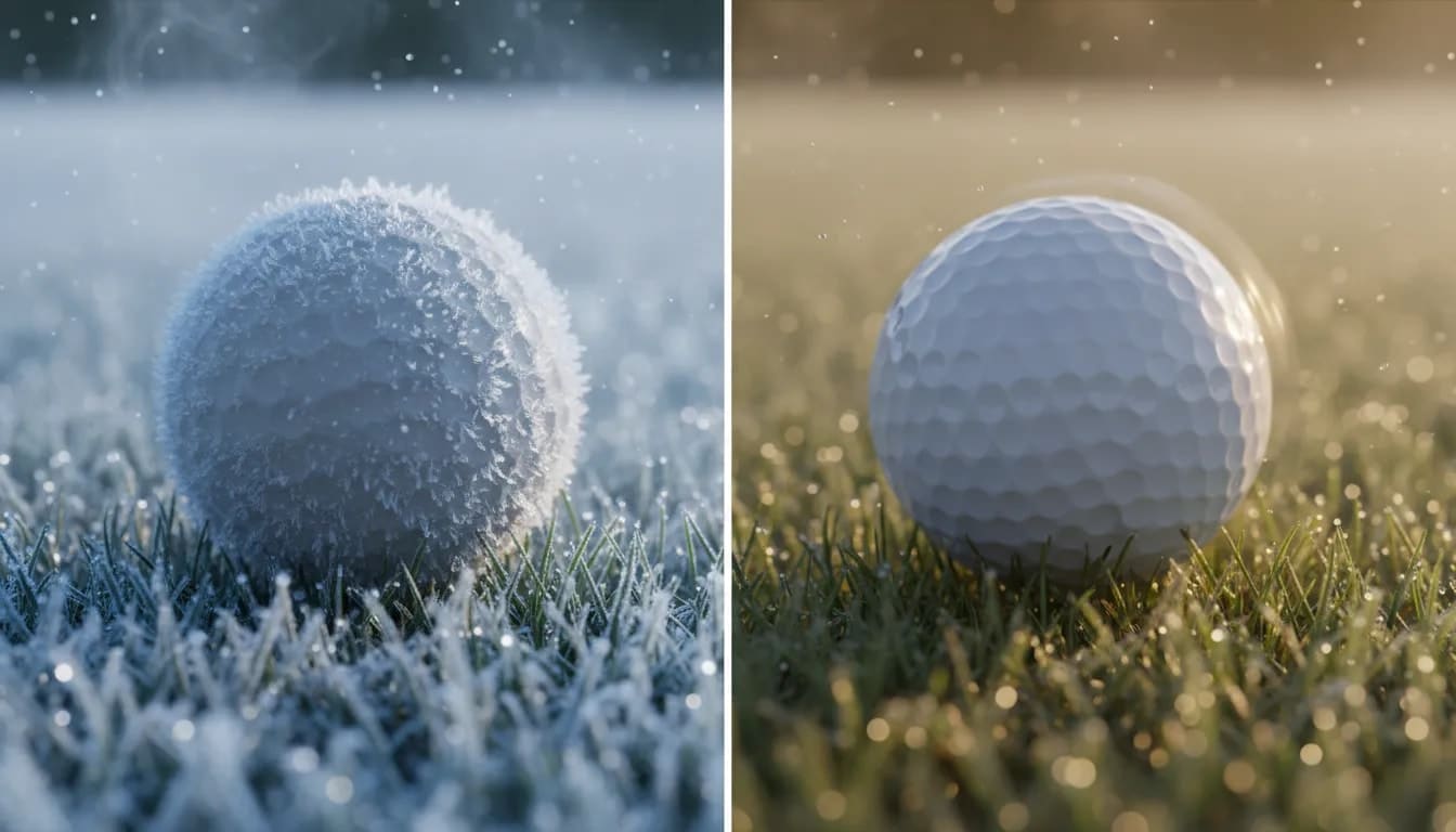 Split‑Nahaufnahme eines Golfballs: links gefroren mit Reif und dichter kalter Luft, rechts warm und komprimiert in Sonnenschein – zeigt wie Kälte Härte und Distanz beeinflusst