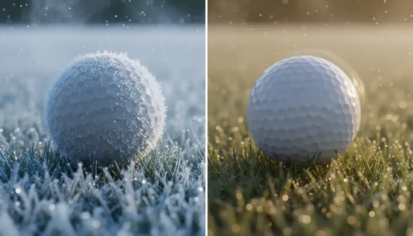Golftraining Online 3 Split-Nahaufnahme eines Golfballs: links gefroren mit Reif und dichter kalter Luft, rechts warm und komprimiert in Sonnenschein , zeigt wie Kälte Härte und Distanz beeinflusst