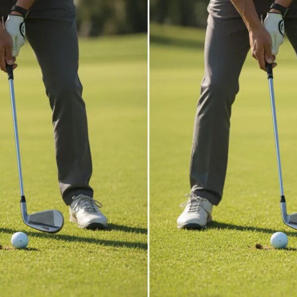 Splitbild: falsches vs korrektes Setup beim kurzen Spiel im Golf – Nahaufnahme von Schläger, Ball, Händen und Stand, Betonung von Loft und Bounce