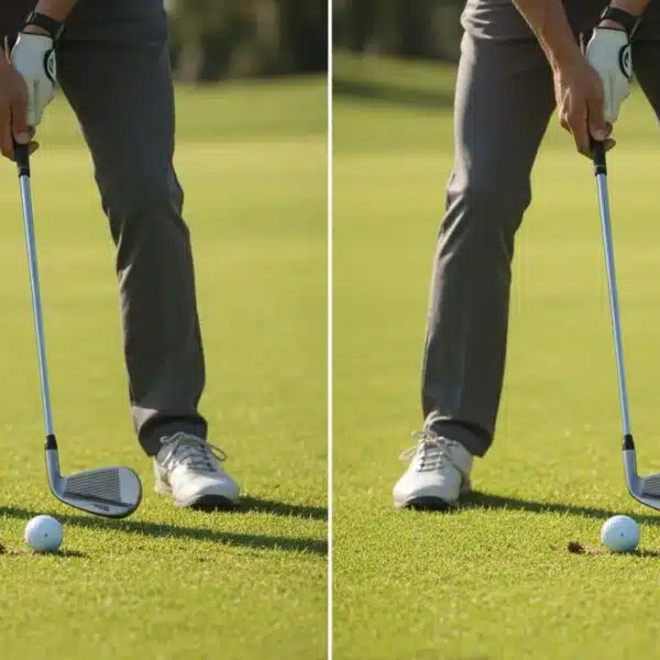 Golftraining Online 14 Splitbild: falsches vs korrektes Setup beim kurzen Spiel im Golf , Nahaufnahme von Schläger, Ball, Händen und Stand, Betonung von Loft und Bounce