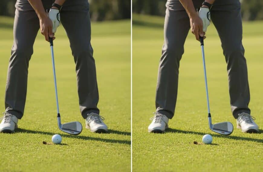Splitbild: falsches vs korrektes Setup beim kurzen Spiel im Golf – Nahaufnahme von Schläger, Ball, Händen und Stand, Betonung von Loft und Bounce
