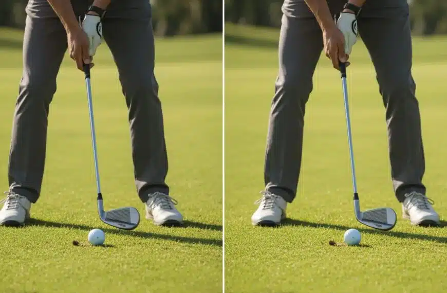 Golftraining Online 11 Splitbild: falsches vs korrektes Setup beim kurzen Spiel im Golf , Nahaufnahme von Schläger, Ball, Händen und Stand, Betonung von Loft und Bounce