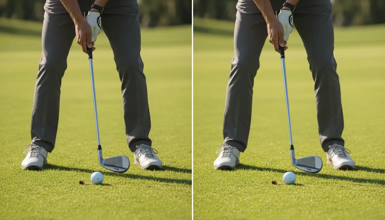 Splitbild: falsches vs korrektes Setup beim kurzen Spiel im Golf – Nahaufnahme von Schläger, Ball, Händen und Stand, Betonung von Loft und Bounce