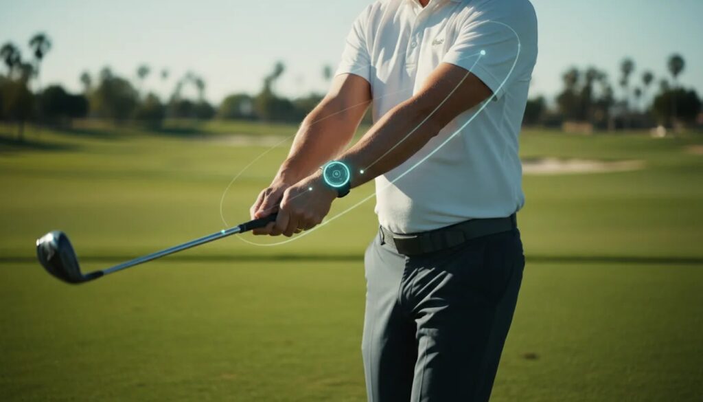 Anti Slice Golf-Training mit HackMotion: Mein ehrliches Review zum Wrist-Sensor 2 Golfer mit HackMotion-wrist-sensor am Handgelenk beim Training auf dem Abschlag, visuelle Motion-Feedback-Elemente ohne Text