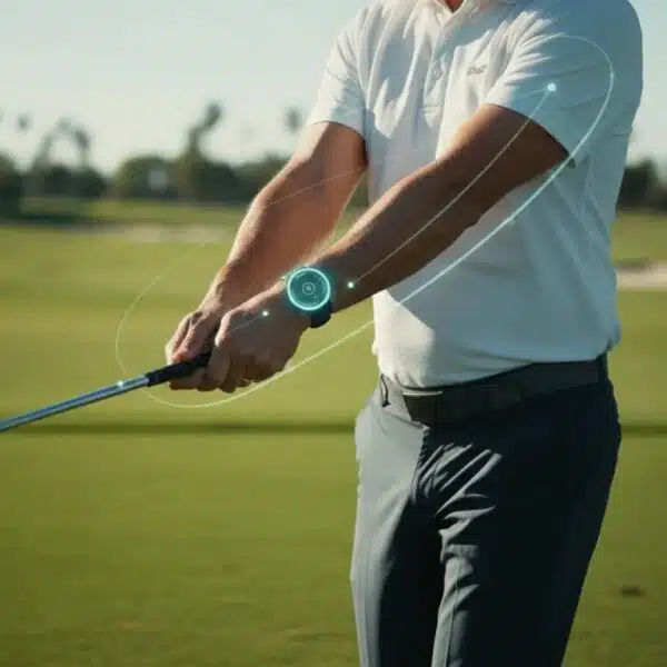 Golftraining Online 14 Golfer mit HackMotion-wrist-sensor am Handgelenk beim Training auf dem Abschlag, visuelle Motion-Feedback-Elemente ohne Text