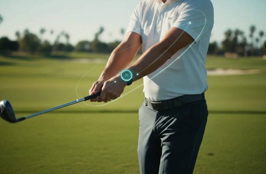 Golfer mit HackMotion-wrist-sensor am Handgelenk beim Training auf dem Abschlag, visuelle Motion-Feedback-Elemente ohne Text