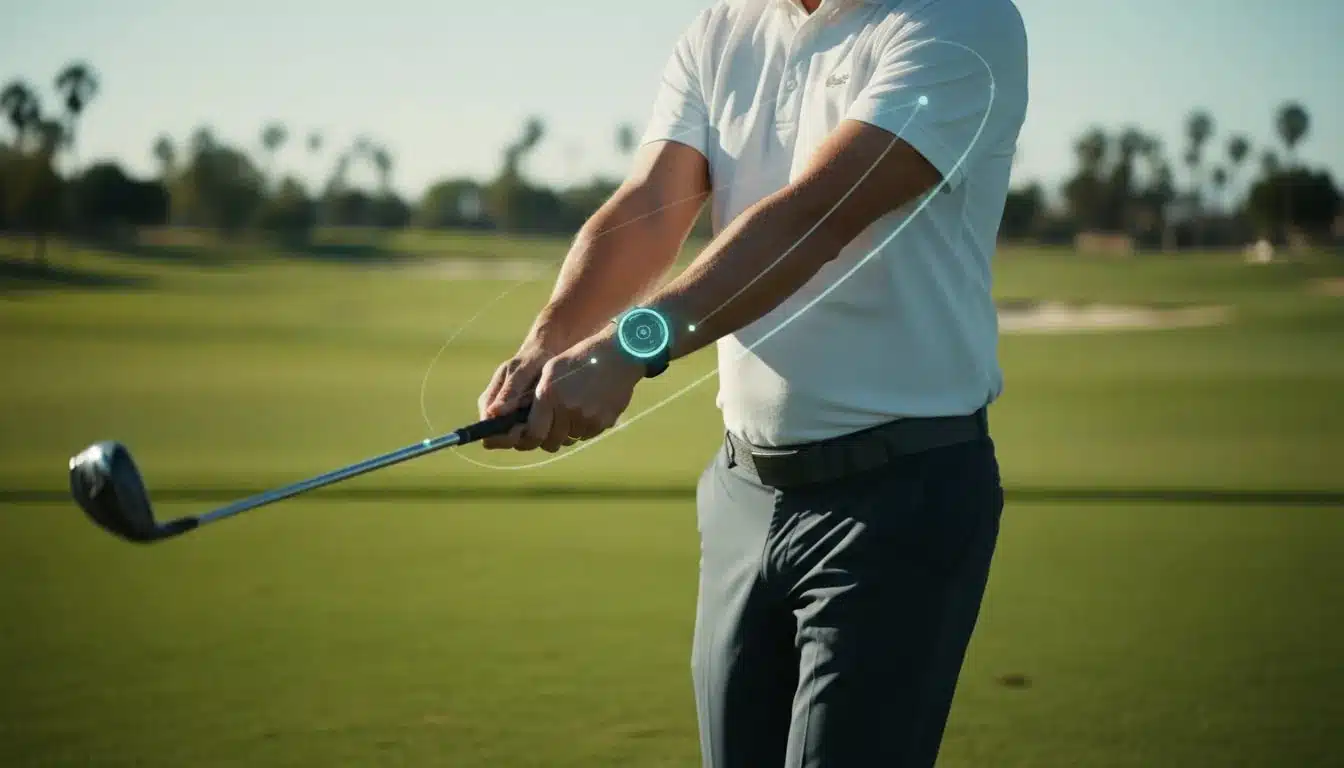 Golfer mit HackMotion-wrist-sensor am Handgelenk beim Training auf dem Abschlag, visuelle Motion-Feedback-Elemente ohne Text