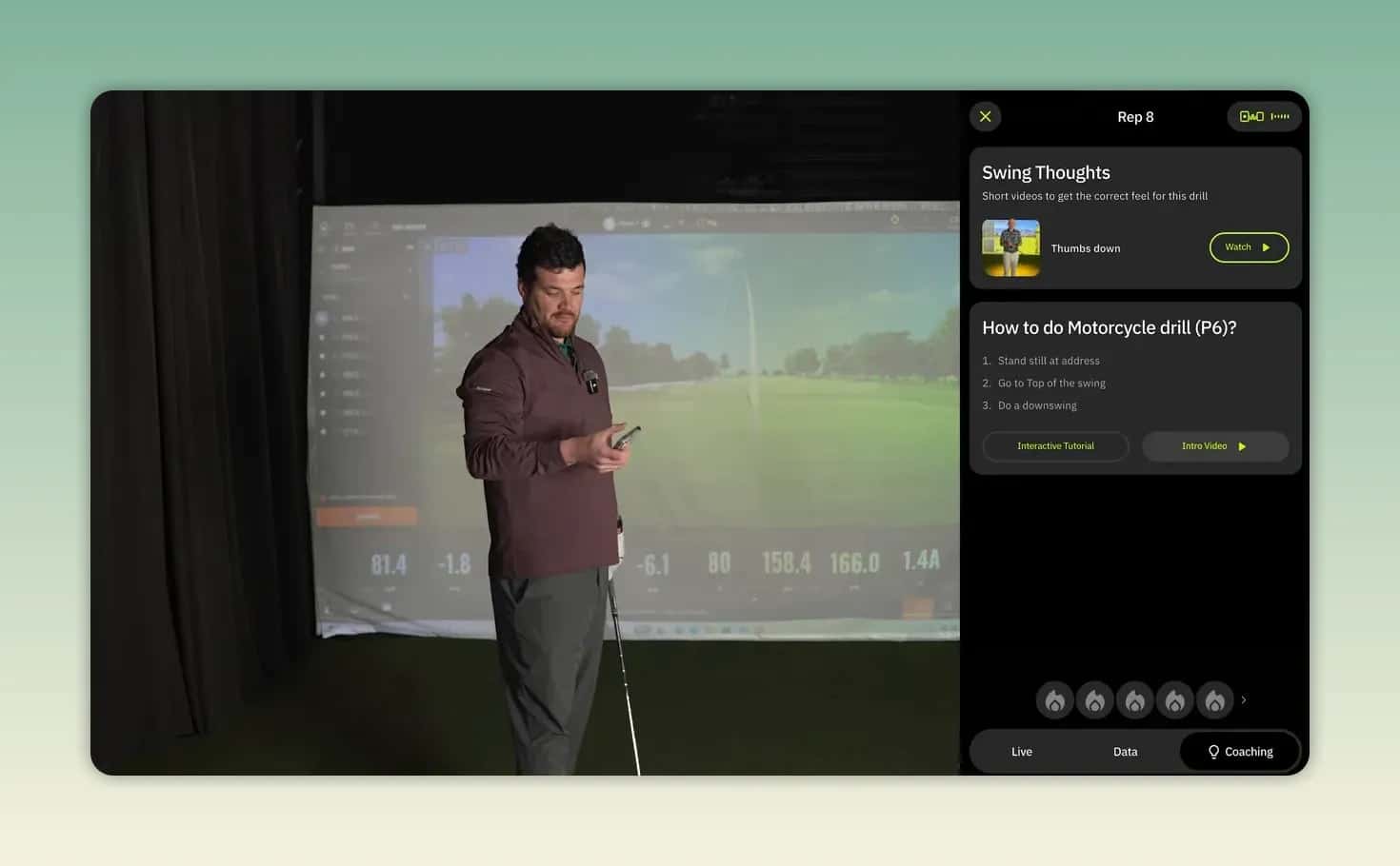 HackMotion App zeigt Swing Thoughts und Anleitung zum Motorcycle Drill im Trainingsmodus