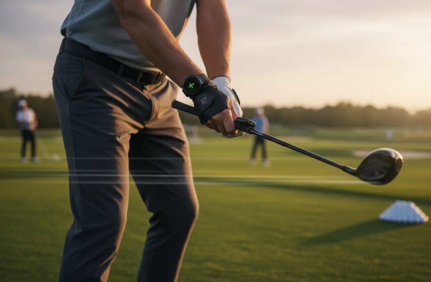 Golfer auf der Driving Range mit sichtbar befestigtem HackMotion Sensor am Trainingshandschuh, Fokus auf präzise Swing-Diagnose zur Slice-Reduktion ohne Text im Bild