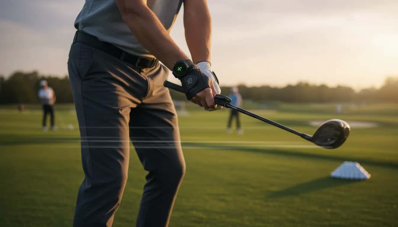 Golfer auf der Driving Range mit sichtbar befestigtem HackMotion Sensor am Trainingshandschuh, Fokus auf präzise Swing-Diagnose zur Slice-Reduktion ohne Text im Bild