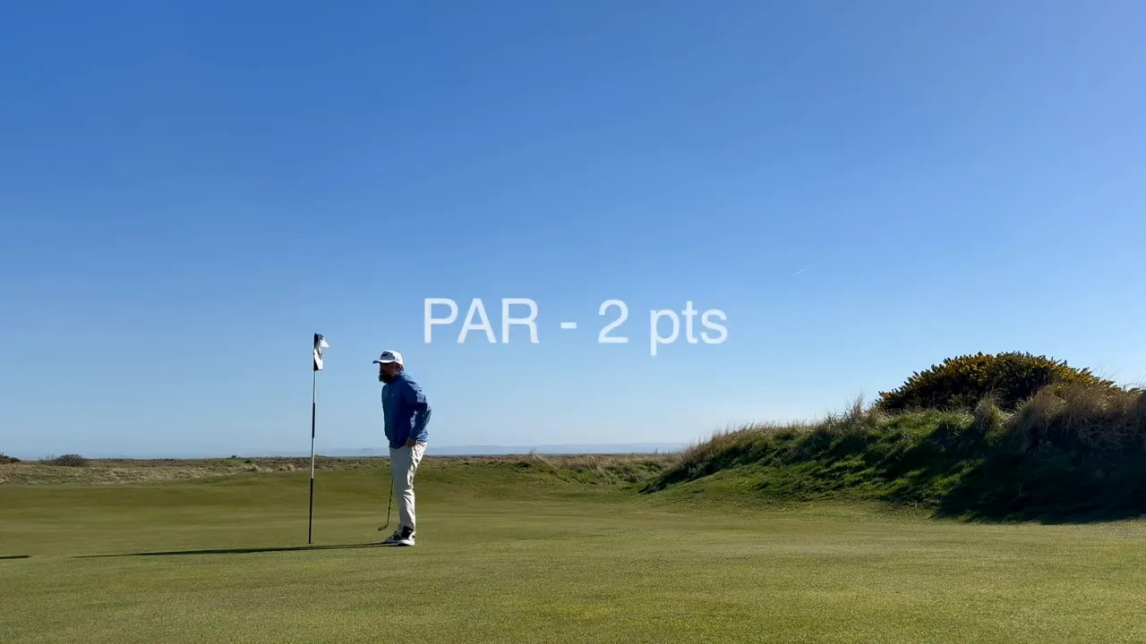 Lundin Golf Club: Schottlands bestes Hidden Gem direkt vor den Toren von St. Andrews? 4 Golfspieler am Grün mit Anzeige „PAR - 2 pts