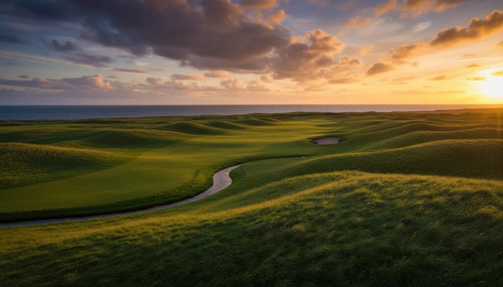 Fotorealistischer Blick über einen schottischen Küsten-Golfplatz mit natürlichen Links-Hügeln, einem kleinen Bach und dem Meer in der Ferne, in goldenem Abendlicht.