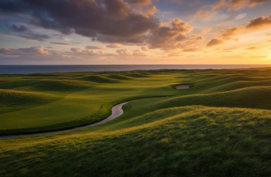Fotorealistischer Blick über einen schottischen Küsten-Golfplatz mit natürlichen Links-Hügeln, einem kleinen Bach und dem Meer in der Ferne, in goldenem Abendlicht.