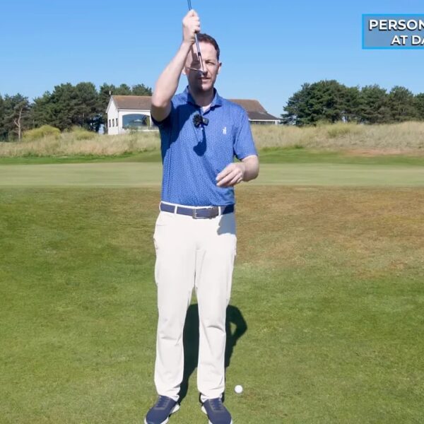 Golfer hält einen Schläger senkrecht vor sich und demonstriert die offene Schlagfläche