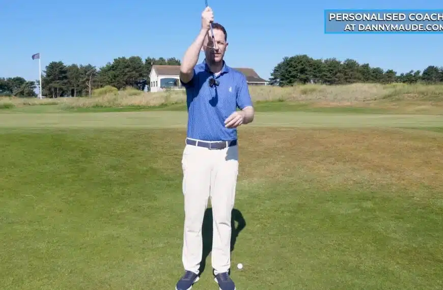 Golftraining Online 7 Golfer hält einen Schläger senkrecht vor sich und demonstriert die offene Schlagfläche